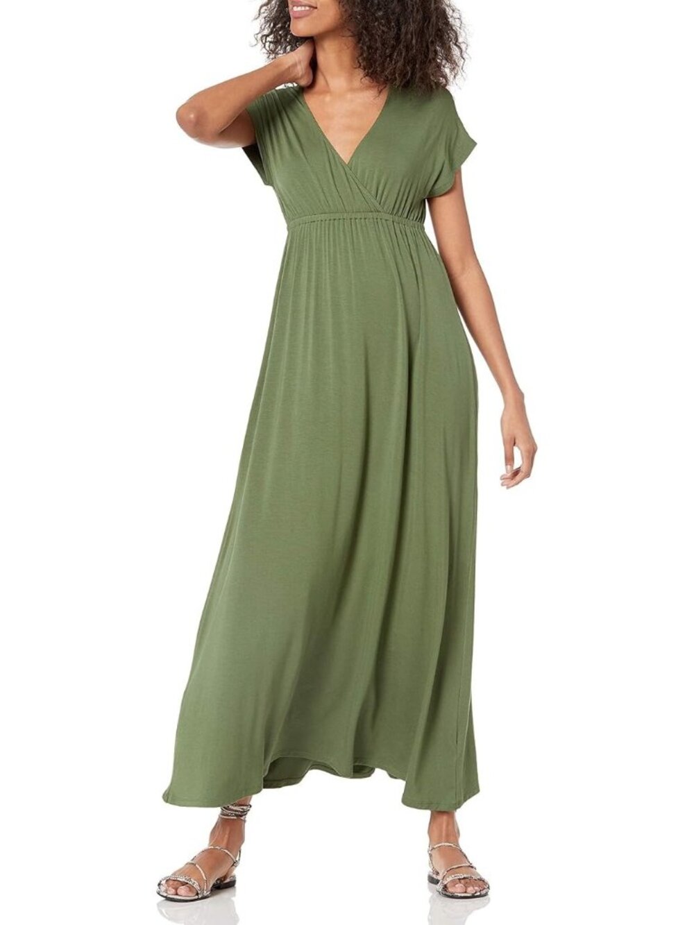 Essentials Women's V Neck Short Sleeve Maxi Dress Green Jersey XL NEW